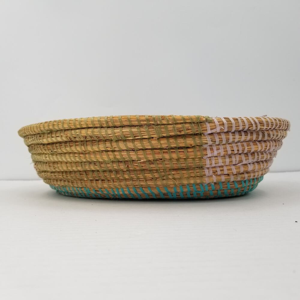 Handmade Senegal Woven Sea Grass Basket Recycled Plastic Astou Dioum Teal Wrap